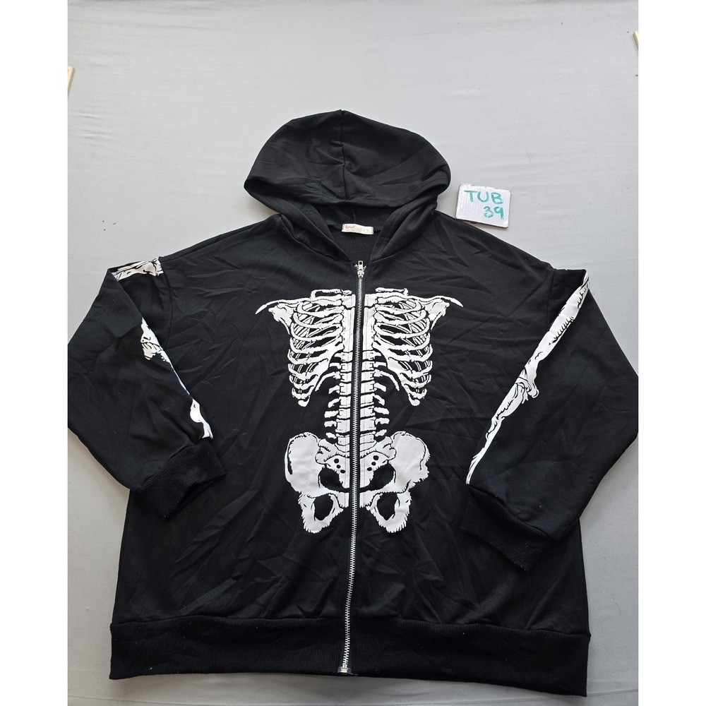 Romwe Womens Skeleton Graphic Zip Up Hoodie Black White Streetwear Size Small
